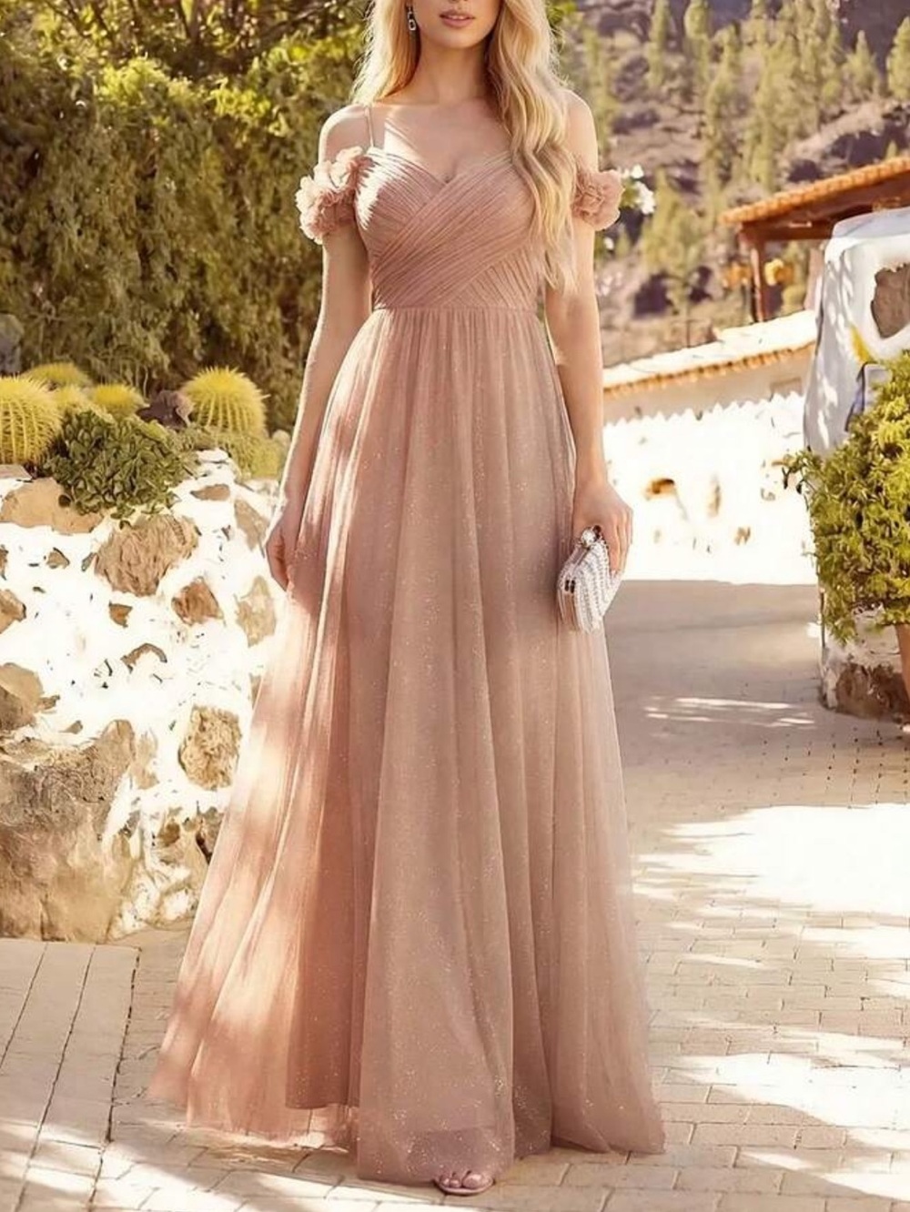 Elegant Rose Gold Off-Shoulder Maxi Dress